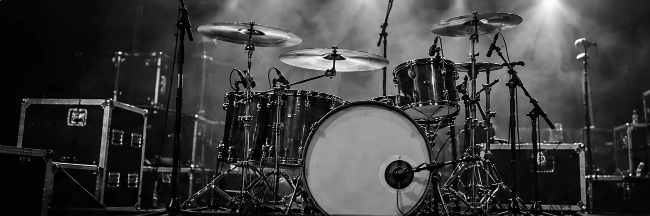 A full acoustic drum kit arranged for live performance