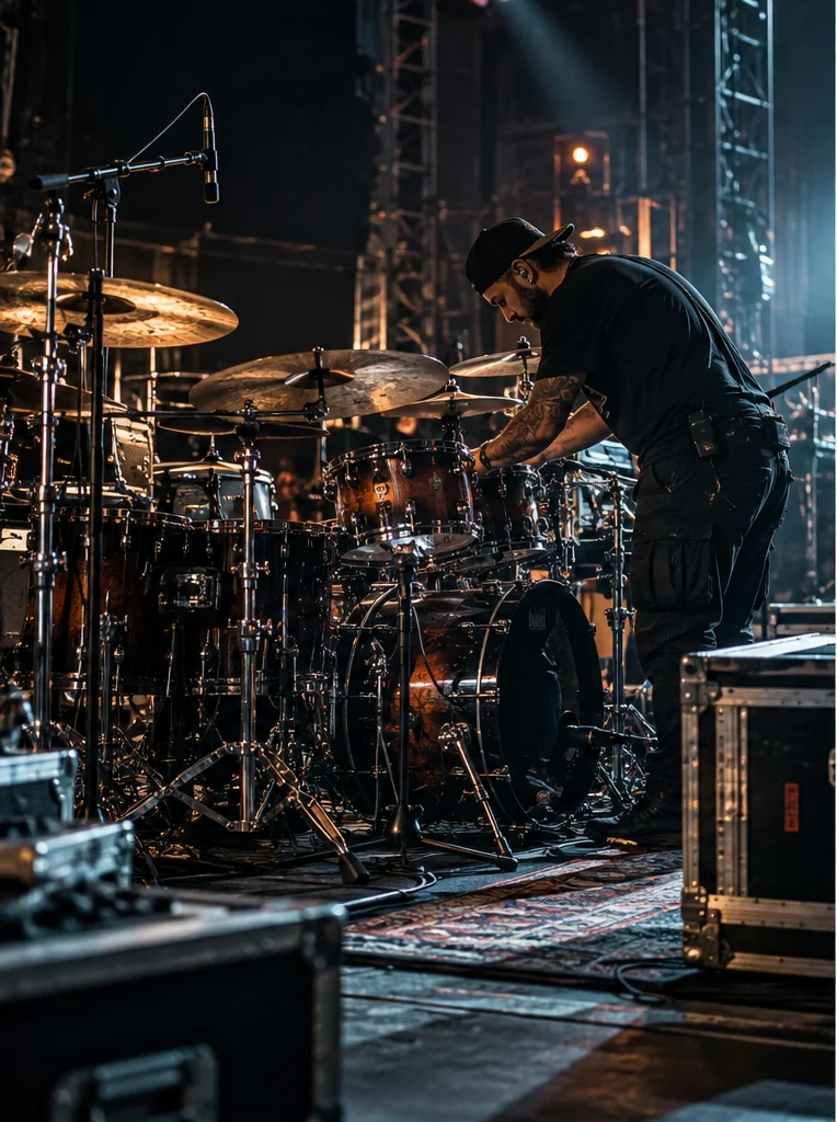 Professional drum setup in a stage-production environment
